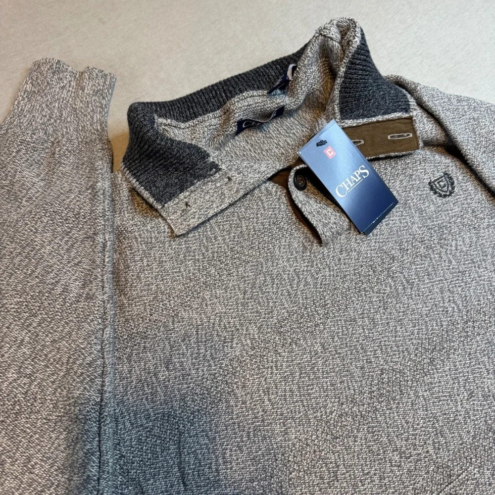 Chaps Mens Big & Tall XLT Grey Marl Cotton Quarter Button Mock Neck Sweater NWT